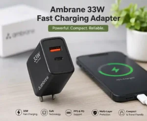 Ambrane 33W Fast Charging Adapter with GaN technology, PPS and PD support for compatible devices.
