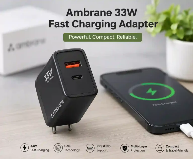 Ambrane 33W Fast Charging Adapter with GaN technology, PPS and PD support for compatible devices.