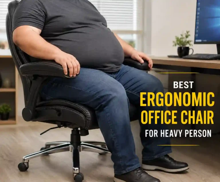 A heavy person sitting comfortably in a spacious ergonomic office chair at a modern home office desk, highlighting the importance of proper seat support, room, and ergonomic design for heavier users.
