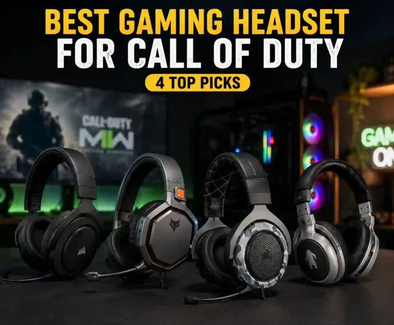 A realistic gaming setup featuring 4 gaming headsets arranged on a desk with a Call of Duty gaming display and RGB-lit PC background. The image highlights the best gaming headset for Call of Duty and the 4 top picks featured in the article.