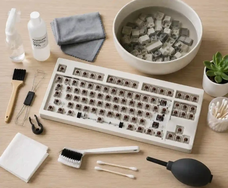 A high-resolution top-down product photograph showing how to clean a mechanical keyboard, with the keycaps removed and the exposed switches surrounded by a microfiber cloth, soft cleaning brushes, keycap puller, cotton swabs, isopropyl alcohol, and a bowl of keycaps ready for cleaning.