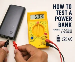 A realistic tabletop setup showing how to test a power bank with a digital multimeter. A black power bank is connected to red and black multimeter probes while the meter displays a voltage reading. The image illustrates power bank capacity, voltage, and current testing for an instructional guide.