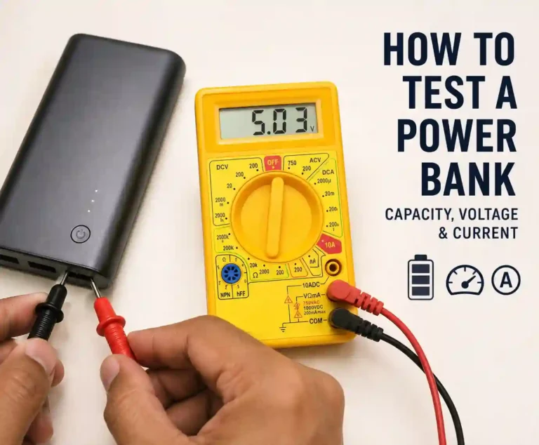 A realistic tabletop setup showing how to test a power bank with a digital multimeter. A black power bank is connected to red and black multimeter probes while the meter displays a voltage reading. The image illustrates power bank capacity, voltage, and current testing for an instructional guide.