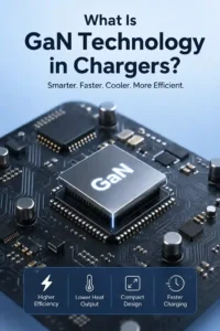 What is GaN technology in charger explained through a detailed close-up of a Gallium Nitride GaN chip mounted on a modern circuit board, illustrating how GaN technology supports compact, efficient, high-power charging.