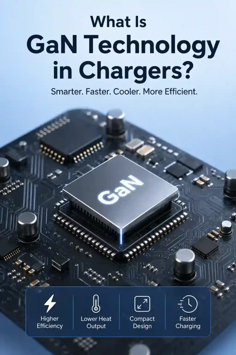 What is GaN technology in charger explained through a detailed close-up of a Gallium Nitride GaN chip mounted on a modern circuit board, illustrating how GaN technology supports compact, efficient, high-power charging.