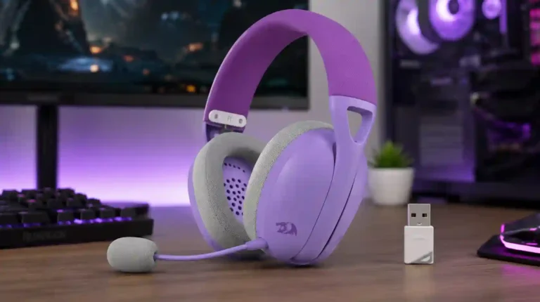 Good gaming headset with clear sound, comfortable ear cushions, microphone, and low-latency wireless connectivity on an RGB gaming desk